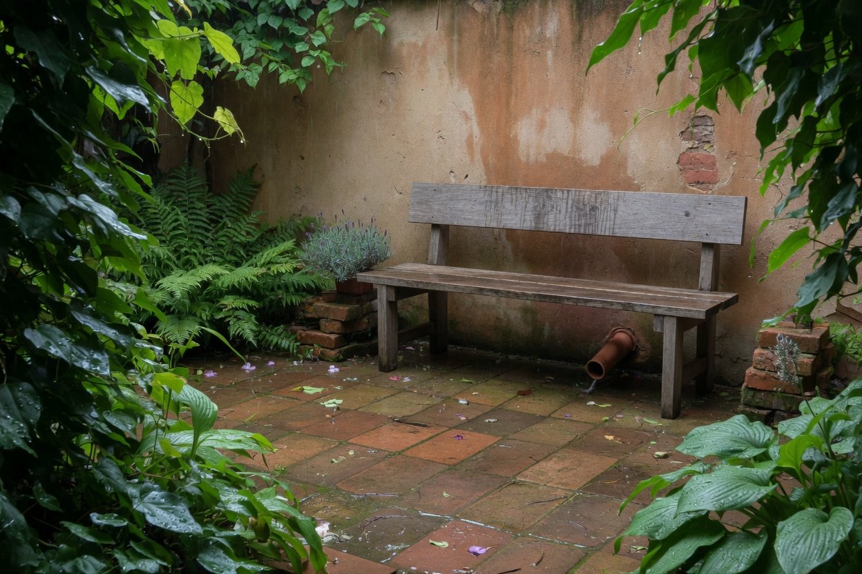 A wet garden bench